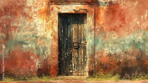 weathered wooden door in an old city rustic architecture detail digital painting