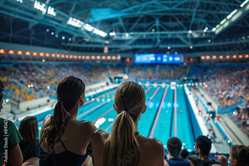 Picture of two girls in the stands watching a swimming race