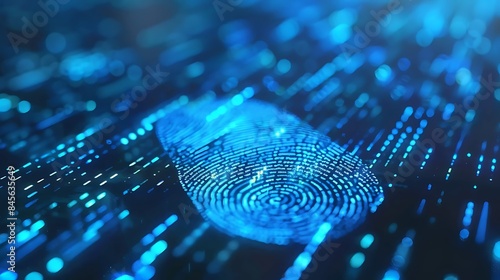 A digital fingerprint scanner verifying identity authentication, with binary code patterns in the background.
