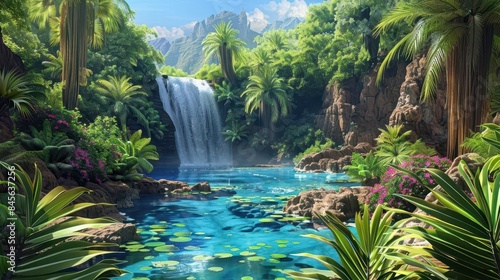 lush desert oasis with rushing stream and waterfall surrounded by greenery digital art