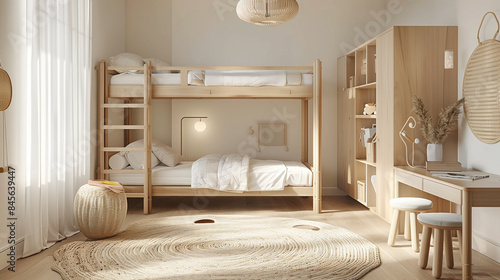 A cozy Scandinavian kids' room featuring light wood furniture, a bunk bed with clean lines.