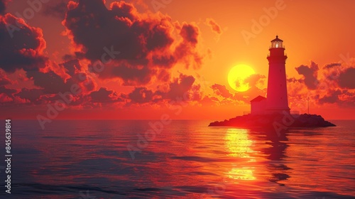 Serene Sunset at the Lighthouse – Navigational Beacon at Dusk. The peaceful end of the day with this picturesque sunset view at a lighthouse, serving as a guide over tranquil waters.