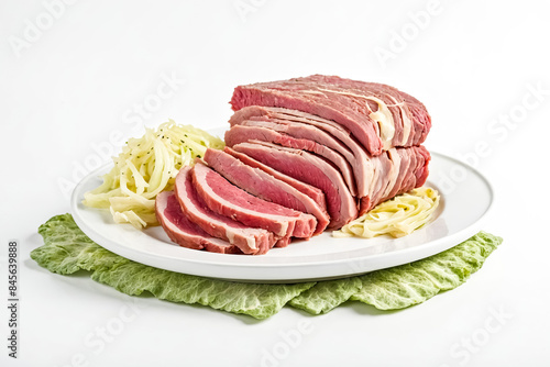 Sliced corned beef with cabbage on a white plate