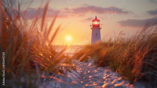 Serene Sunset at the Lighthouse – Navigational Beacon at Dusk. The peaceful end of the day with this picturesque sunset view at a lighthouse, serving as a guide over tranquil waters.
