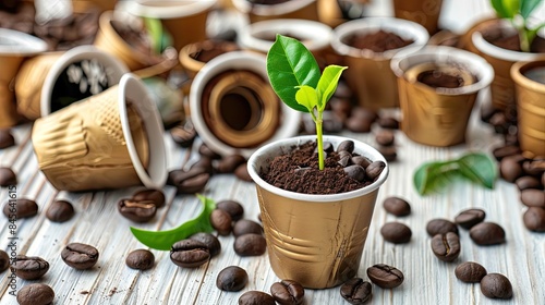 old disposable coffee capsules as flower pots, featuring a small green sprout, on a backdrop of disassembled paper cups strewn across a white wooden table surface with scattered coffee beans.