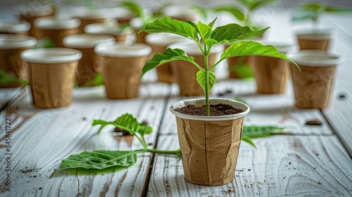 old disposable coffee capsules as flower pots, featuring a small green sprout, on a backdrop of disassembled paper cups strewn across a white wooden table surface with scattered coffee beans.