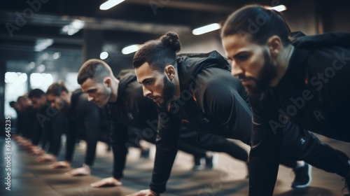 A gym full of athletic young people doing plank hold and push up workouts with weights. In a fitness class, focused athletes practice press ups and renegade rows with weights to increase muscle