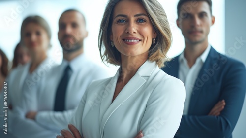 A stern mature Caucasian businesswoman with her arms crossed in an office with colleagues behind her. Dedicated entrepreneur and leader willing to succeed in her venture with team