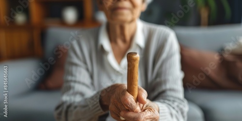 A nursing home resident with a cane. Senior woman relaxing at a hospital with a crutch at an assisted living home.