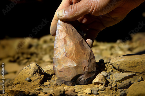 Gros-plan sur la main d'un Homo erectus tenant le biface. qu'il vient de fabriquer.