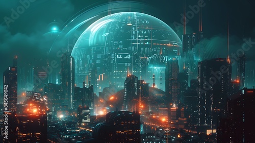 A futuristic city skyline protected by a dome of glowing energy, symbolizing a secure digital environment.