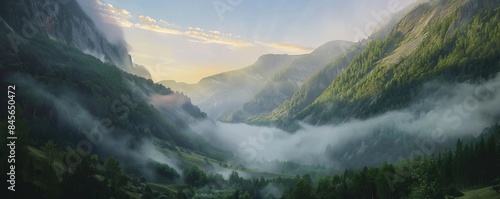 Dramatic mountain valley shrouded in mist and fog at sunrise, 4K hyperrealistic photo