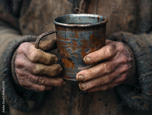 Aged Hands Holding a Rusty Metal Mug