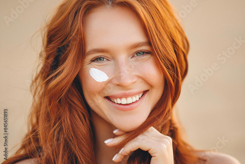 Happy smiling redhead young woman with sunscreen smear on facial skin on sunny day, Close-up of face