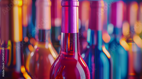 A vibrant and colorful close-up of various wine bottles with blurred background, showcasing the necks and tops of the bottles.