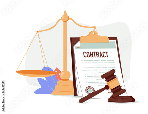 Law and justice, concept with scales and hummer in modern style. Vector illustration. Law and justice, signing contract