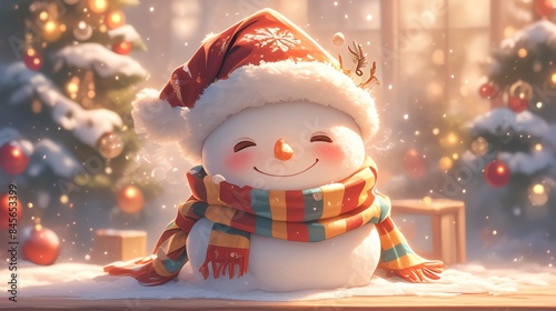 Cute snowman with rosy cheeks is smiling in a warm christmas atmosphere