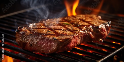 Beef steak grill barbecue strip eye fresh smokek fire meat background view