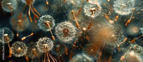 Dandelion spores dispersing in a close-up view