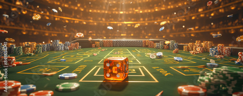 Orange dice rolling on green felt craps table surrounded by stacks of gambling chips