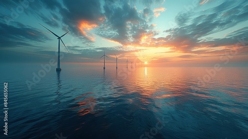 Image of a coastal wind farm with turbines placed in the ocean to harness wind energy