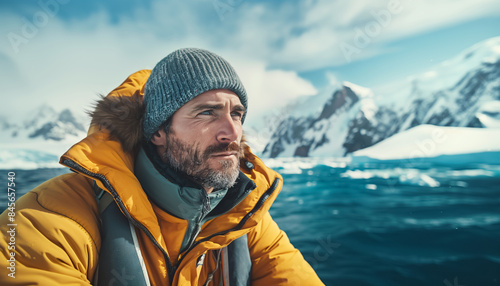 Polar Explorer bearded man portrait on research vessel moving polar seas between mountains during long polar day. Climate change,Global warming and flora and fauna researching in polar zones concept