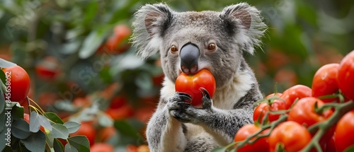 Cute koala holding and eating a red tomato amidst lush green foliage. Adorable wildlife scene with vibrant colors in nature.