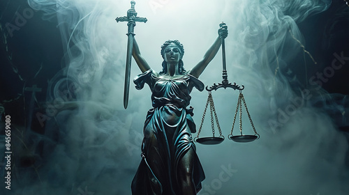 statue représentant la justice avec glaive et balance de thémis