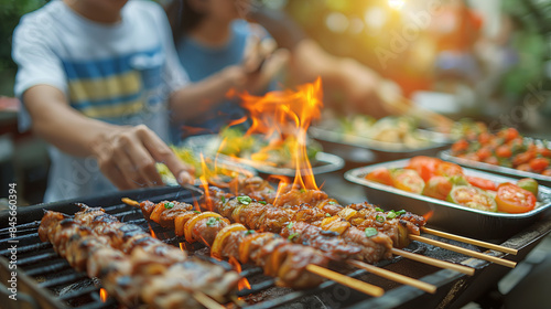 Skewers grilling on barbecue with people in the background enjoying outdoor cooking. Ideal for summer events and food product promotions. Generated AI