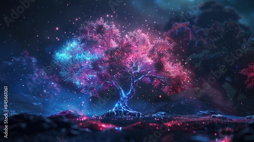 A digital tree with holographic branches, created by AI, emitting a soft neon light.