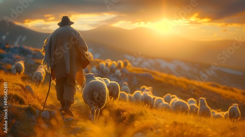 A shepherd guiding a flock of sheep through a scenic meadow at dusk with soft lighting