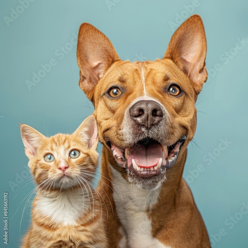 Portrait of Happy pitbull pit bull dog and orange tabby cat looking into studio camera together isolated on blue background, veterinarian doctor office showing pets as friends. 