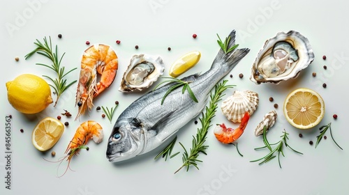 Fresh seafood laid out on a white surface, including fish, shrimp, oysters, and lemons. Natural lighting enhances the vibrant colors of the seafood.