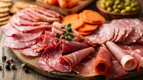 Cured ham slices and fresh carrots turned into nutrient rich juice on wooden table