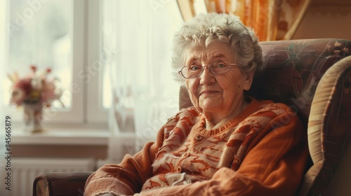 Elderly woman with a cheerful expression, sitting in a cozy armchair by the window.