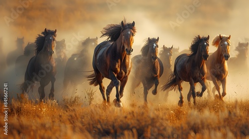 Herd of Wild Horses Galloping Across an Open Plain with Dust Trailing Behind