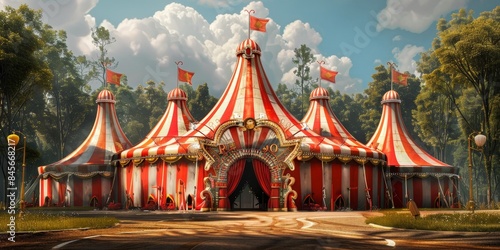 Red and white striped circus tent ceiling, capturing the vibrant and festive atmosphere of a classic big top show.