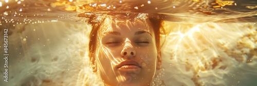 A young woman seeks relief from a heatwave by immersing herself in cool water - cooling off in the summer