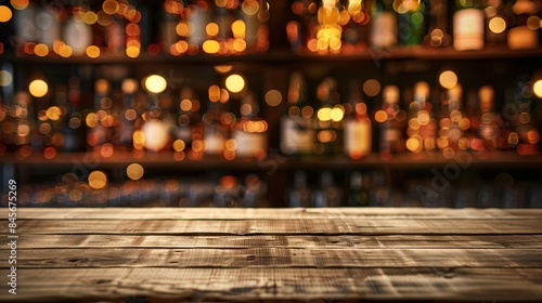 Empty rustic wooden table in front of a blurred background of a bar filled with bottles and warm lighting.