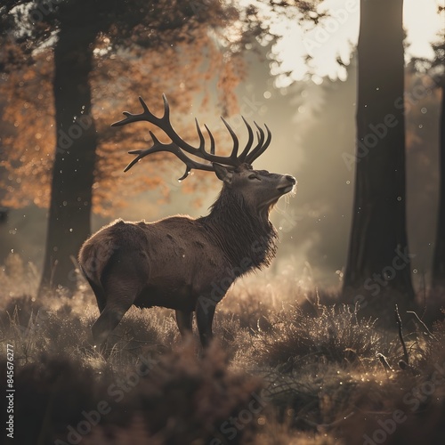 Majestic Deer with Impressive Antlers Stands Amidst Misty Forest Landscape at Dawn Wildlife Concept