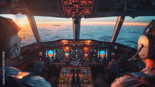 Modern Airplane Cockpit with Advanced Avionics and Pilot Monitoring Instruments in the Sky at Sunset