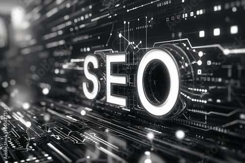 A 3D rendered image of the letters SEO, rendered on a futuristic digital circuit board background, showcasing the importance of search engine optimization in todays digital world