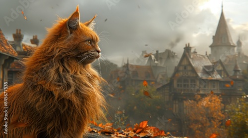 Majestic long-haired cat on a medieval village backdrop, capturing autumn leaves and a serene atmosphere in a fantasy setting.