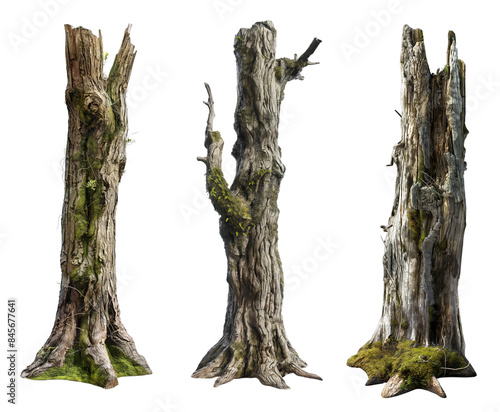 large dead tree trunks collection isolated on transparent or white background