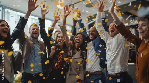 Excited Team Celebrates Major Milestone with Falling Confetti in the Office