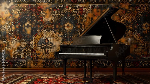 Black grand piano mockup with a batik song ket background