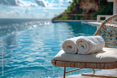 Rolled Towels Beside a Blue Infinity Pool With a View of the Ocean on a Sunny Day