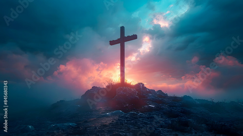 Holy cross symbolizing the death and resurrection of Jesus Christ with The sky over Golgotha Hill is shrouded 