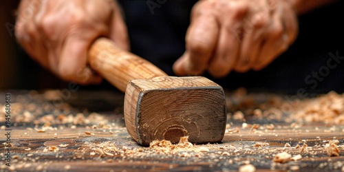 A carpenters hands carefully use a wooden hammer to work on a project