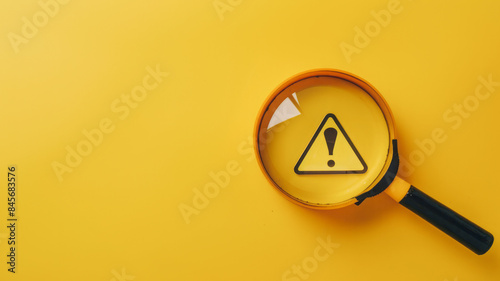 A yellow warning triangle inside a magnifying glass on a yellow background, with copy space, indicates a maintenance warning and emphasizes the concept of risk.